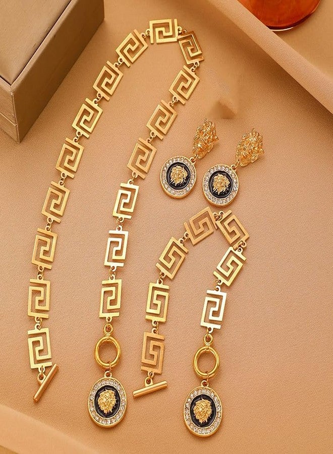 sunglnl Gold Necklace Set For Women, 14k Gold-Plated Necklaces Bracelet And Earrings With Cubic Zirconia Lion Pendant Luxurious Metallic Style Jewelry Gift (gold-lion) - Image 4
